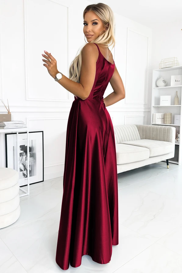 299-13 CHIARA elegancka maxi długa satynowa suknia na ramiączkach - BORDOWA