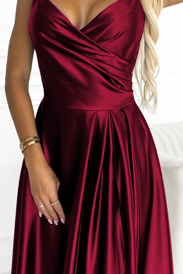 299-13 CHIARA elegancka maxi długa satynowa suknia na ramiączkach - BORDOWA