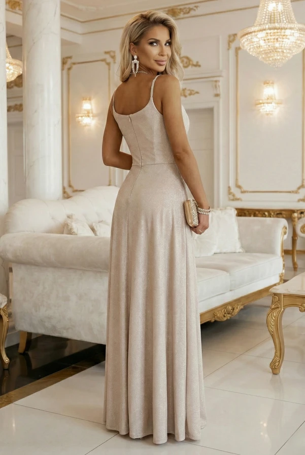 Modelka prezentuje tył błyszczącej sukni wieczorowej maxi – szampańska, cienkie ramiączka, zamek z tyłu