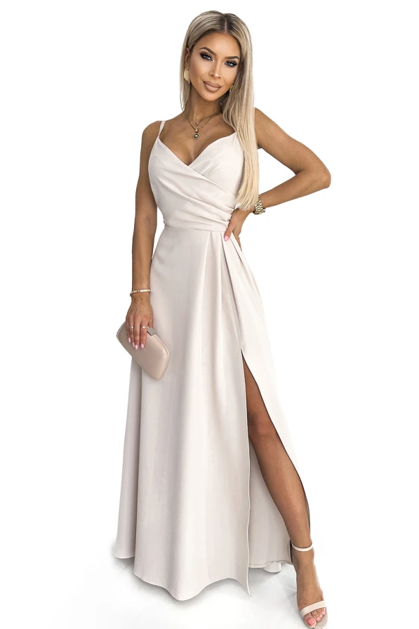 299-6 CHIARA elegancka maxi długa suknia na ramiączkach - BEŻOWA