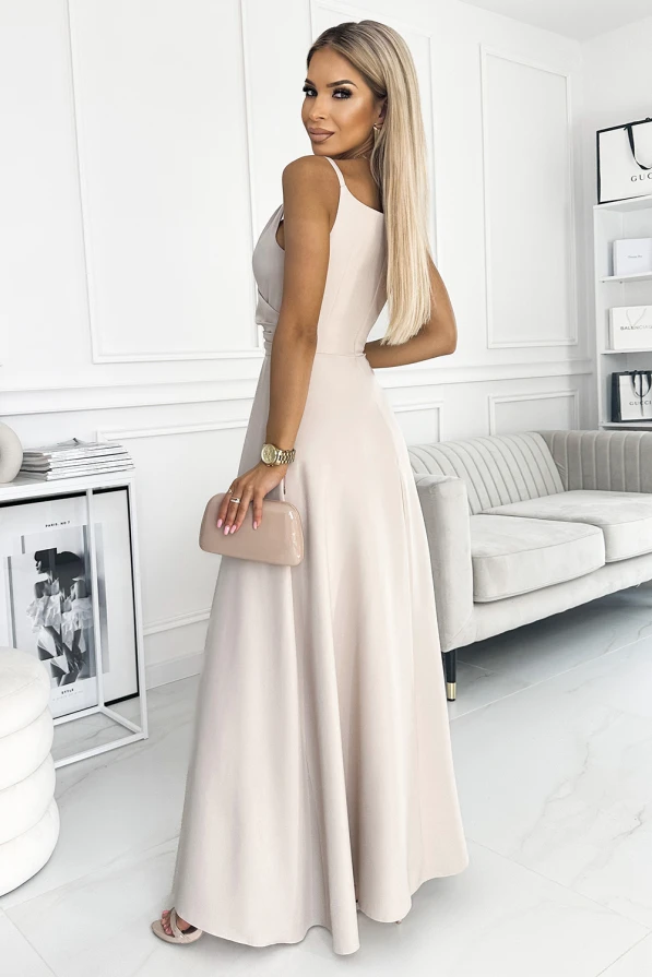 299-6 CHIARA elegancka maxi długa suknia na ramiączkach - BEŻOWA