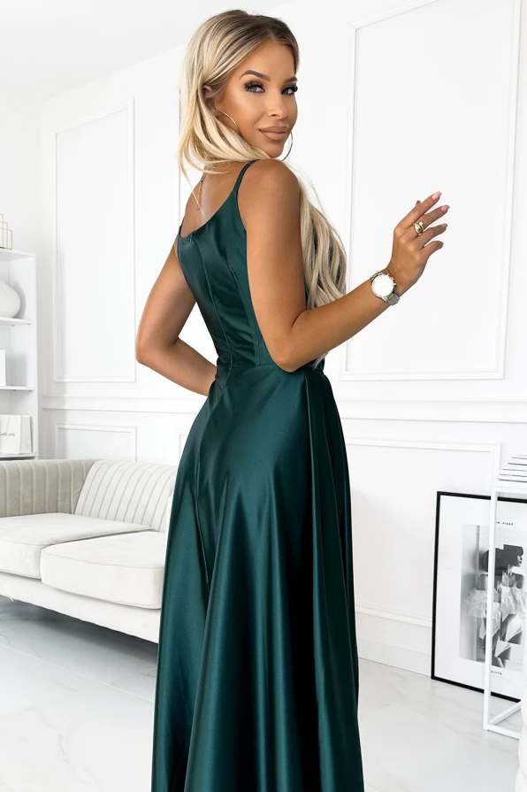 299-9 CHIARA elegancka maxi długa satynowa suknia na ramiączkach - ZIELEŃ BUTELKOWA