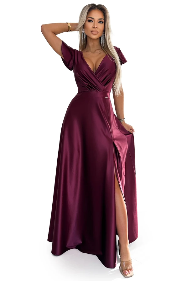 CRYSTAL satynowa długa suknia z dekoltem - BORDOWA