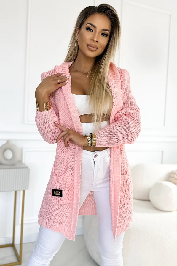 Cardigan - cape with a hood, pockets and a patch - peach color