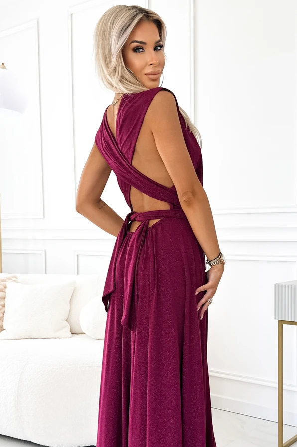 509-3 Elegancka długa suknia wiązana na wiele sposobów - BORDOWA z brokatem