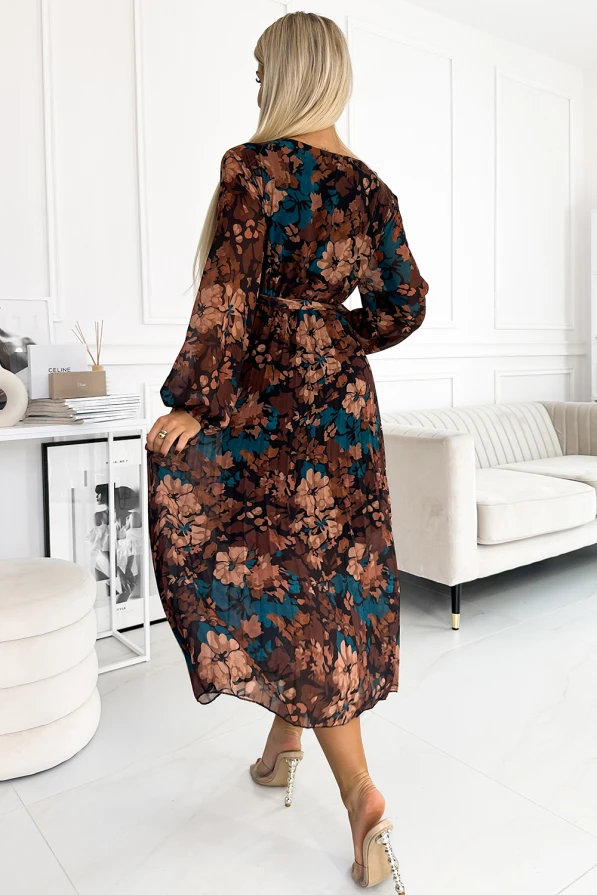 519-2 Pleated chiffon long dress with a neckline, long sleeves and a belt - brown-blue flowers