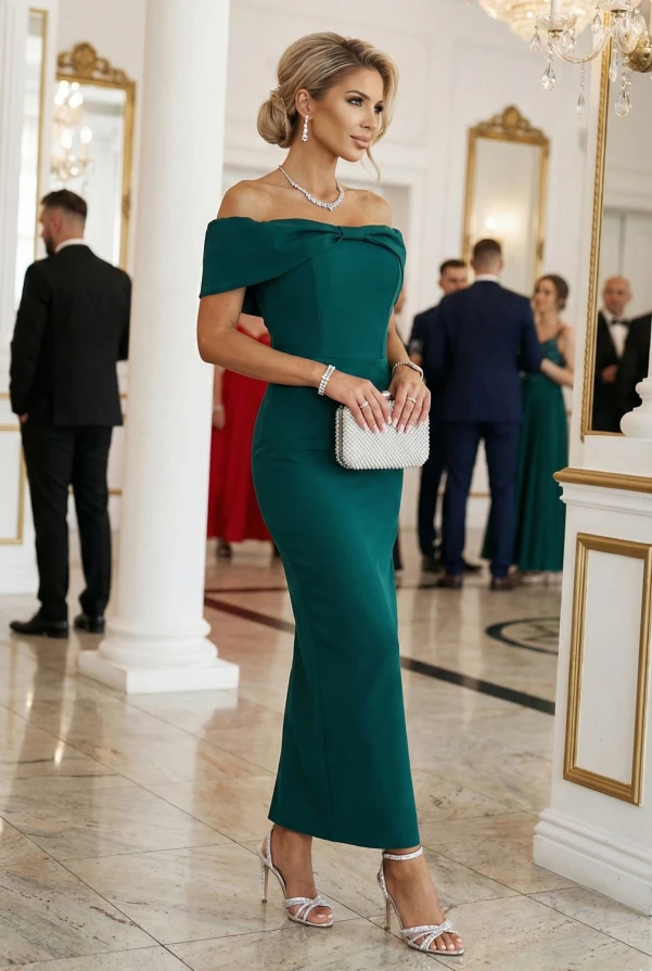 Zielona sukienka off-shoulder z dużą kokardą – dopasowana, długa kreacja prezentowana przez modelkę.