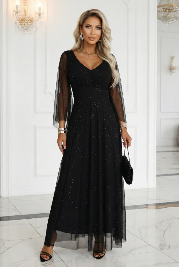 Długa czarna sukienka wieczorowa z brokatem i bufiastymi rękawami, idealna na specjalne okazje, prezentowana w białej sali bankietowej.